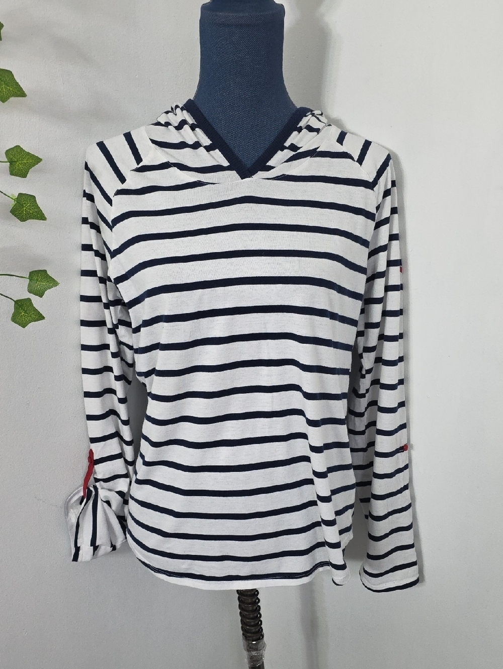 Nautica Navy Striped Long Sleeve Hoodie Top Anchor Detail Large Loungewear